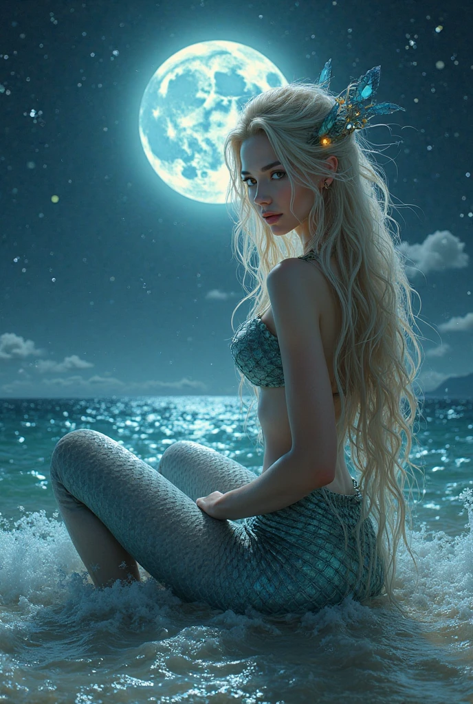 Magical night scene in which a mermaid is sitting on a rock at the seashore. The mermaid has long silver hair that falls down her back, and her tail emits a bioluminescent orange glow that softly illuminates her surroundings. The ocean shimmers under the light of the full moon, creating an ethereal and tranquil atmosphere as the waves caress the shore.