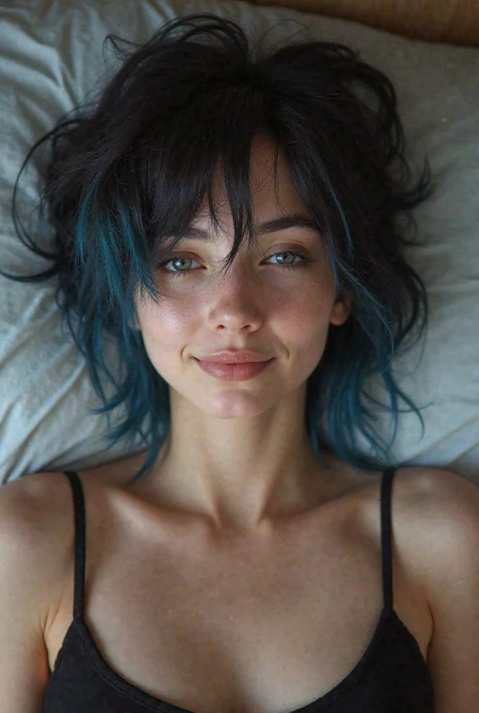 1 girl, Wavy blue hair, naked body, ((pubic hair)), good natural lighting, intricate details, hyper realistic, photorealistic, Full body, porcelain skin, beautiful detailed eyes, beautiful detailed lips, Smiling, extremely detailed face, long eyelashes, elegant pose, subtle smile, soft lighting, natural skin texture, depth of field, high quality, 8k, masterpiece