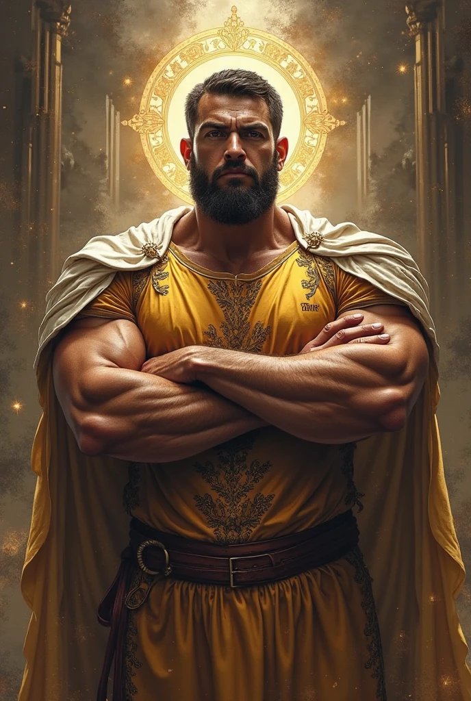 Strong man kneeling。Strong aura of life。Servant。