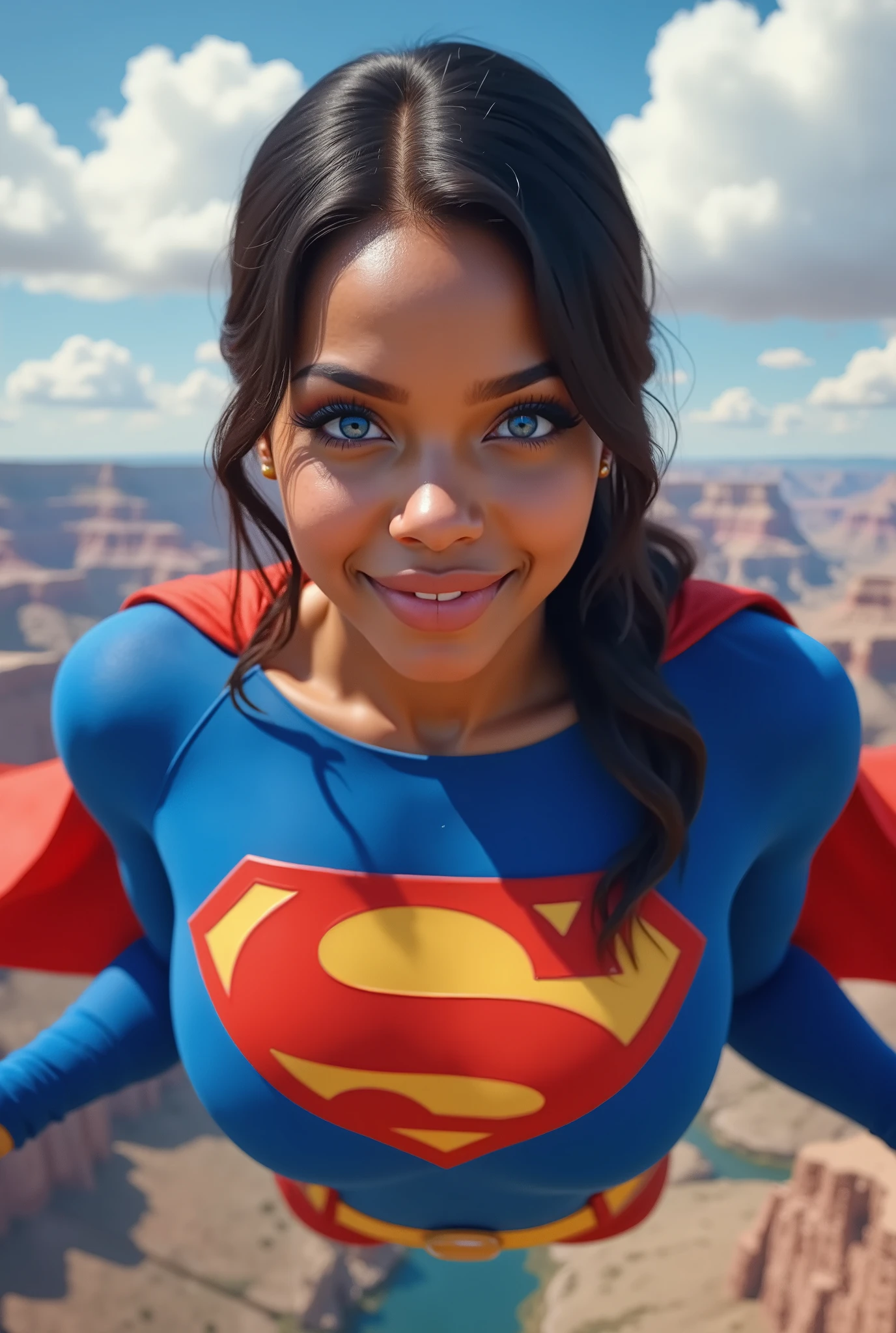 GRACEFULLY FLYING OVER THE GRAND CANYON.. A SEXY BLACK AFRICAN 17-YEAR-OLD FEMALE COSPLAYER WITH big BLUE EYES **"FULL ENTIE BODY STANDING POV OF A stunning, highly detailed, and ultra-realistic portrait of a SEXY BLUE EYED I GIRL, proudly wearing the iconic RETRO 1980 SUPERMAN costume. The vibrant royal blue bodysuit shimmers under the soft natural lighting, adorned with a bold, raised red and yellow 'S' emblem on her chest, signifying her legacy as Superman’s daughter. A flowing red cape BILLOWING behind her AS SHE FLYS, its silky texture catching the light, enhancing the depth of the image. Her long, jet-black hair is neatly pulled back into a sleek ponytail, revealing her striking blue eyes that radiate confidence and warmth. She has a bright, playful smile, showcasing her pearly white teeth, adding to her charismatic presence. Her skin appears flawless, glowing naturally, with soft highlights accentuating her features black hair, longeyelashes, solid circle eyes, 8k, super detail, best quality, highres, award winning, best quality, super detail, textured skin, UHD, retina
masterpiece, best quality, high quality, extremely detailed CG unity 8k wallpaper, scenery, outdoors, sky, cloud, day, no humans, mountain, landscape, water, tree, blue sky, waterfall, cliff, nature, lake, river, cloudy sky,award winning photography, Bokeh, Depth of Field, HDR, bloom, Chromatic Aberration ,Photorealistic,extremely detailed, trending on artstation, trending on CGsociety, Intricate, High Detail, dramatic, art by midjourney