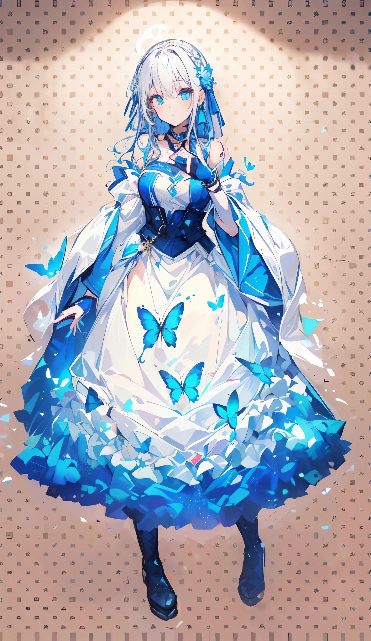 (Overhead view),dynamic angle,ultra-detailed, illustration, close-up, straight on, 1girl, demon girl, demon horns, (fantasy:1.4), (azure blue eyes:1.233),Her eyes shone like dreamy stars, full body, long hair, seios medios, thicc coxas, (glowing eyes:1.233),(beautiful and detailed eyes:1.1),(Silver hair:1.14),(messy hair,very long hair,french braid,hair between eyes,sidelocks), (+(bule hair flower:1.14)),(chiffon dress,bule flower pattern in uniform)/=(military uniform:1.24),(detached sleeves,wide sleeves),(fingerless gloves),choker,(miko thighhighs),High heeled boots,(expressionless,closed mouth),(standing), (classical Princess boudoir with dressing tableand french windowin a white ancient palaces),(white flowers,bloom),(abysmal sea),(flowing water),(a dull blue world tree:1.14),(ruins),(night:1.2),dreamy,soul,(fluorescence),(flying translucent blue butterflies:1.15), [[delicate fingers and hands:0.55]::0.85],(detail fingers),(yubao:0.5),