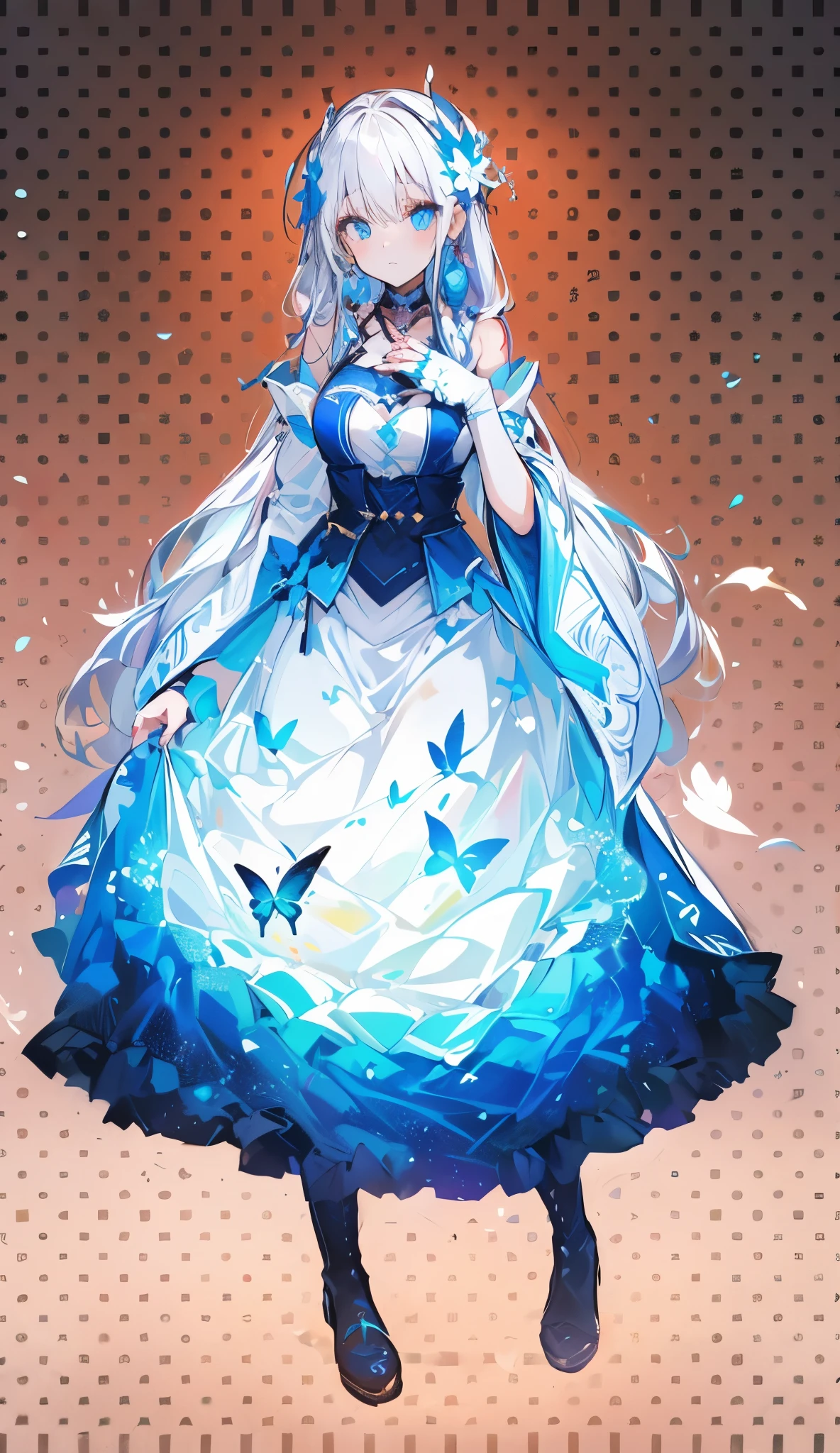 (Overhead view),dynamic angle,ultra-detailed, illustration, close-up, straight on, 1girl, demon girl, demon horns, (fantasy:1.4), (azure blue eyes:1.233),Her eyes shone like dreamy stars, full body, long hair, seios medios, thicc coxas, (glowing eyes:1.233),(beautiful and detailed eyes:1.1),(Silver hair:1.14),(messy hair,very long hair,french braid,hair between eyes,sidelocks), (+(bule hair flower:1.14)),(chiffon dress,bule flower pattern in uniform)/=(military uniform:1.24),(detached sleeves,wide sleeves),(fingerless gloves),choker,(miko thighhighs),High heeled boots,(expressionless,closed mouth),(standing), (classical Princess boudoir with dressing tableand french windowin a white ancient palaces),(white flowers,bloom),(abysmal sea),(flowing water),(a dull blue world tree:1.14),(ruins),(night:1.2),dreamy,soul,(fluorescence),(flying translucent blue butterflies:1.15), [[delicate fingers and hands:0.55]::0.85],(detail fingers),(yubao:0.5),
