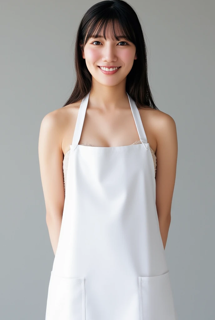 (Highest quality、Tabletop、8k、Best image quality、Award-winning works)、1. pretty girl、(Naked and wearing only a white apron:1.4)、(The perfect pure white apron:1.4)、Perfect girl portrait photo、Glowing Skin、Brown Hair、(Accentuate your body lines:1.1)、Standing Elegantly、(Face close-up:1.3)、Woman looking up at me、Cute Smile、(The simplest solid white background:1.5)