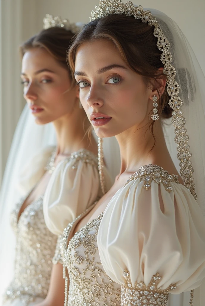 European woman model with veil . Wearing a high-neck embroidered wedding dress. show full body. Extremely luxurious.