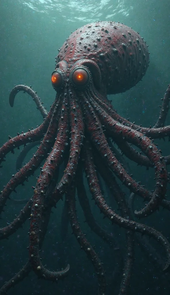 Giant octopus monster,Cthulhu in the Cthulhu Mythos,glowing light eyes,extremly high detail,High chiaroscuro,4K,unreal 5 render,Best quality,tmasterpiece,Rendered by Octane,Looking directly at,extremely dangerous,The huge body is shocking,spread throughout the sky,The horror of despair,The atmosphere is oppressive,The spectacle is spectacular,Hero holding sword,Fight back bravely,real face