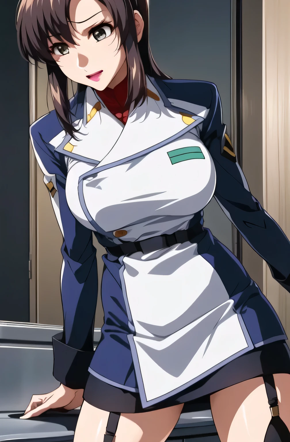 (night:1.7),Space Battleship,
Sit on White_armchair,
army uniform, army,Jacket,Blue and white uniform,skirt,
(black_pantyhose:1.3), 
前hair,茶color_hair, length_hair,red eye,lipstick,compensate, 
woman,beautiful指,Beautiful length legs,beautiful体,beautiful鼻,beautifulキャラクターデザイン, perfect eye, perfect face, bigおっぱい,Cosplay,View your viewers, (Innocent_big_eye:1.0),Fascinating,Embarrassing, shy,軽い笑face,
Browsing Caution,Official Art,非常に詳細な CG ユニティ 8K 壁紙, Perfect lighting, (masterpiece:1.0),(Highest_quality:1.0), 超High resolution,4K,Super detailed, photograph, 8K, High resolution, High resolution, Absurd:1.2, 400 for Kodak Port, Film Grain, Blurred Background, Bokeh:1.2, Lens flare, (Vibrant_color:1.2),(beautiful_face:1.5),(narrow_Waist),(Perfect hands, Perfect Anatomy),