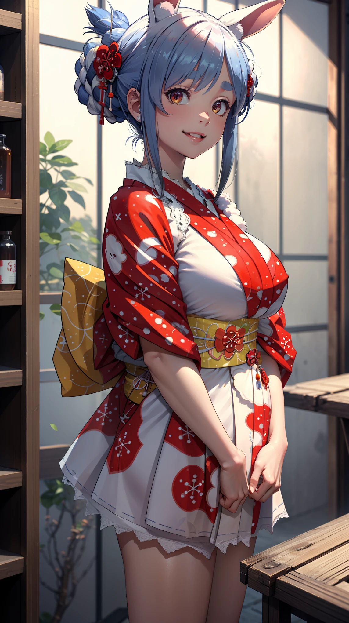 Masterpiece, high quality, 8k, ultra detail, 1 girl, ((kimono1)), indoor, huge breast, smile, night, perfect body, upper, standing