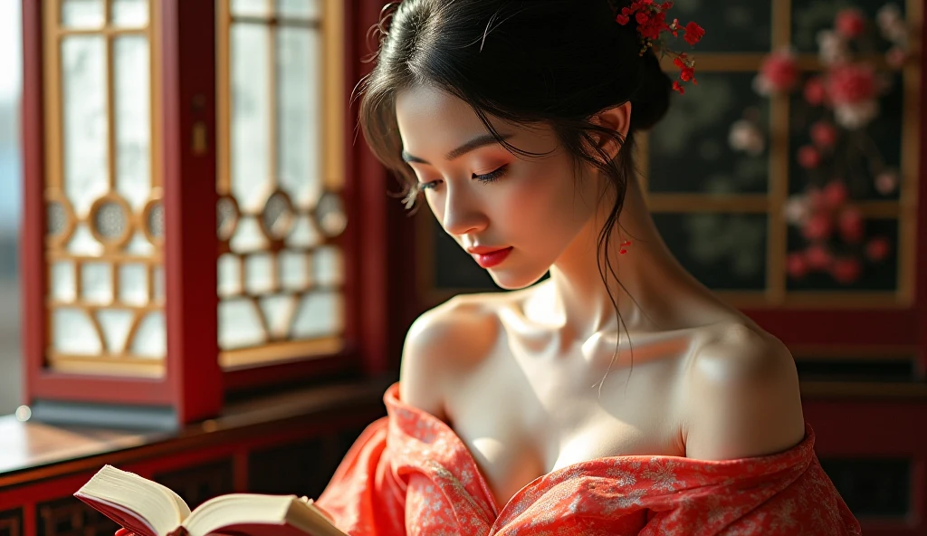 Korean woman sexy pose, a turquoise cushioned stool in a warmly lit, traditional room. The woman wears a cleavage red floral dress with delicate lace trim, She gazes thoughtfully into the distance, her expression contemplative and serene. The background features a wooden dresser adorned with a framed photograph, brass vases, and a bouquet of flowers, enhancing the nostalgic and intimate atmosphere of the scene. The lighting casts gentle shadows, creating a timeless, melancholic mood