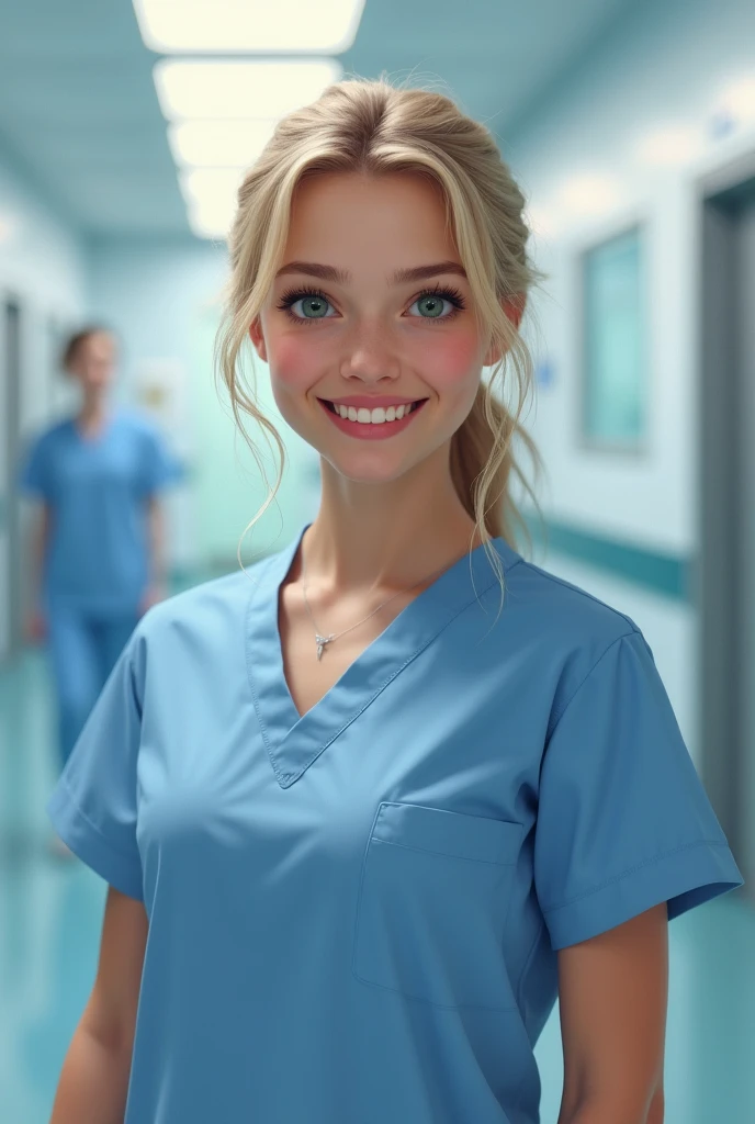 A beautiful youthful looking Hispanic version of Ariana Grande as a 50 years old woman with her completely gray hair in a Super-Smooth Sock Bun hairstyle as the superhero Daisy Johnson from Agents of
S.H.I.E.L.D with blue eyes wearing a blue scrub as a nurse in a hospital she is smiling for the camera