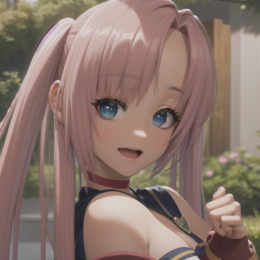 masterpiece, best quality, extremely detailed CG unity 8k wallpaper, Digital art of Milim Nava from the anime Tensura, Cute Girls, long hair with pink twin tails, Big eyes, Blue Eyes, Shining pupils, Pink lashes, Oversized T-shirt, The background is the prairie, Lens flare, Cinema lighting, Bright light, Daytime, Light of the sun