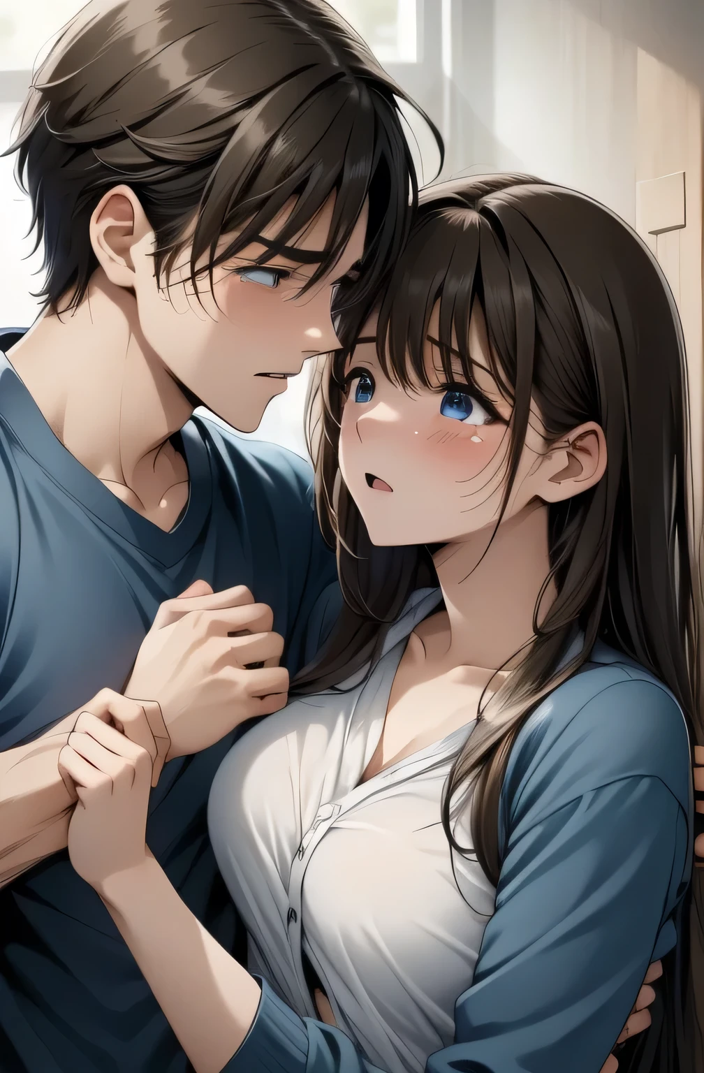 ( masterpiece、 top quality 、 super fine )、( perfect face 、 beautiful face、 beautiful eyes)、( comics 、 manga 、story)、 hero 、 shout、( clothes are torn)、Pig man grabs woman、Man bites chest、 cries、bag、Molester、 side view