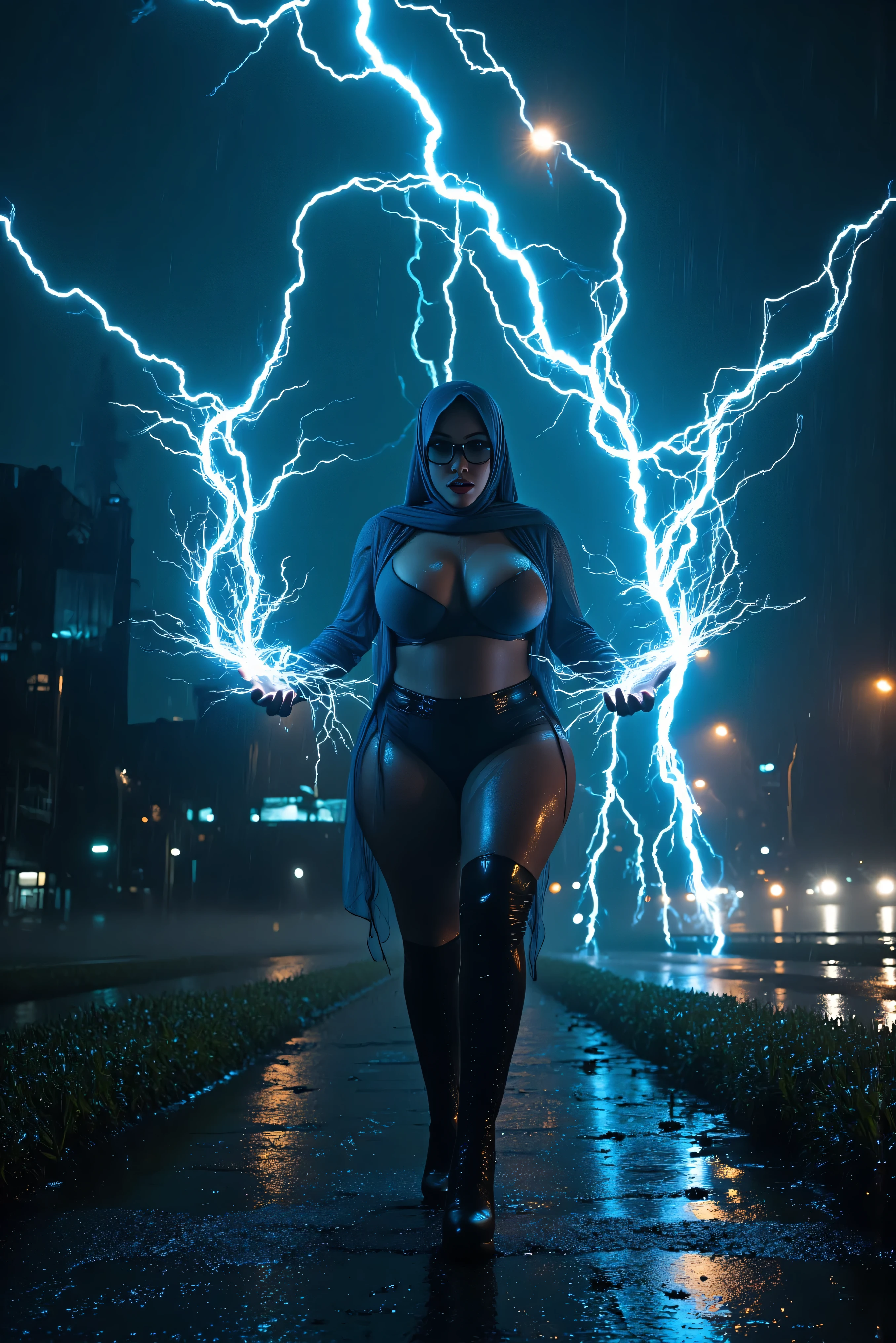 black super heroine with the power of lightning, white and curly hair, wears prescription glasses, large and perfect breasts, large and perfect butt, shapely legs and wears tight sexy clothes.