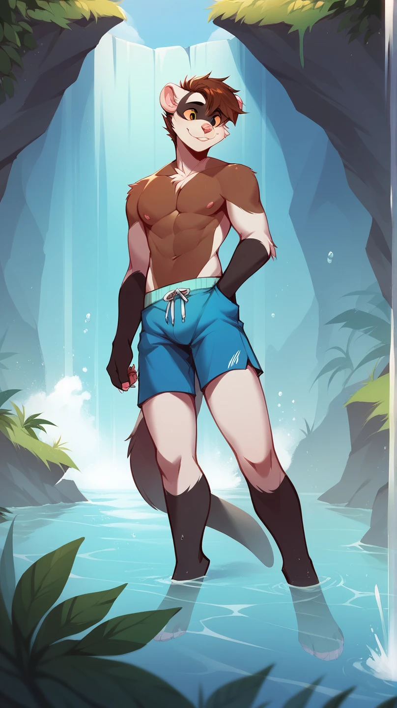 male furry dog with dog penis, full body, standing on a deserted beach