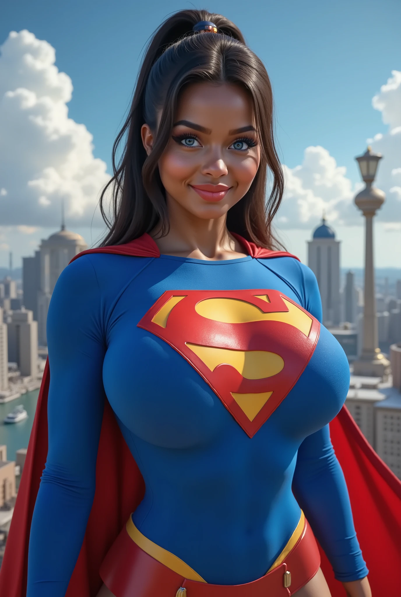 AT THE GYM WORKING OUT.. A SEXY BLACK AFRICAN 19-YEAR-OLD FEMALE COSPLAYER WITH big BLUE EYES **"FULL ENTIE BODY STANDING POV OF A stunning, highly detailed, and ultra-realistic portrait of a SEXY BLUE EYED I GIRL, proudly wearing the iconic RETRO 1980 SUPERMAN costume. The vibrant royal blue bodysuit shimmers under the soft natural lighting, adorned with a bold, raised red and yellow 'S' emblem on her chest, signifying her legacy as Superman’s daughter. A flowing red cape BILLOWING behind her AS SHE FLYS, its silky texture catching the light, enhancing the depth of the image. Her long, jet-black hair is neatly pulled back into a sleek ponytail, revealing her striking blue eyes that radiate confidence and warmth. She has a bright, playful smile, showcasing her pearly white teeth, adding to her charismatic presence. Her skin appears flawless, glowing naturally, with soft highlights accentuating her features black hair, longeyelashes, solid circle eyes, 8k, super detail, best quality, highres, award winning, best quality, super detail, textured skin, UHD, retina
masterpiece, best quality, high quality, extremely detailed CG unity 8k wallpaper, scenery, outdoors, sky, cloud, day, no humans, mountain, landscape, water, tree, blue sky, waterfall, cliff, nature, lake, river, cloudy sky,award winning photography, Bokeh, Depth of Field, HDR, bloom, Chromatic Aberration ,Photorealistic,extremely detailed, trending on artstation, trending on CGsociety, Intricate, High Detail, dramatic, art by midjourney