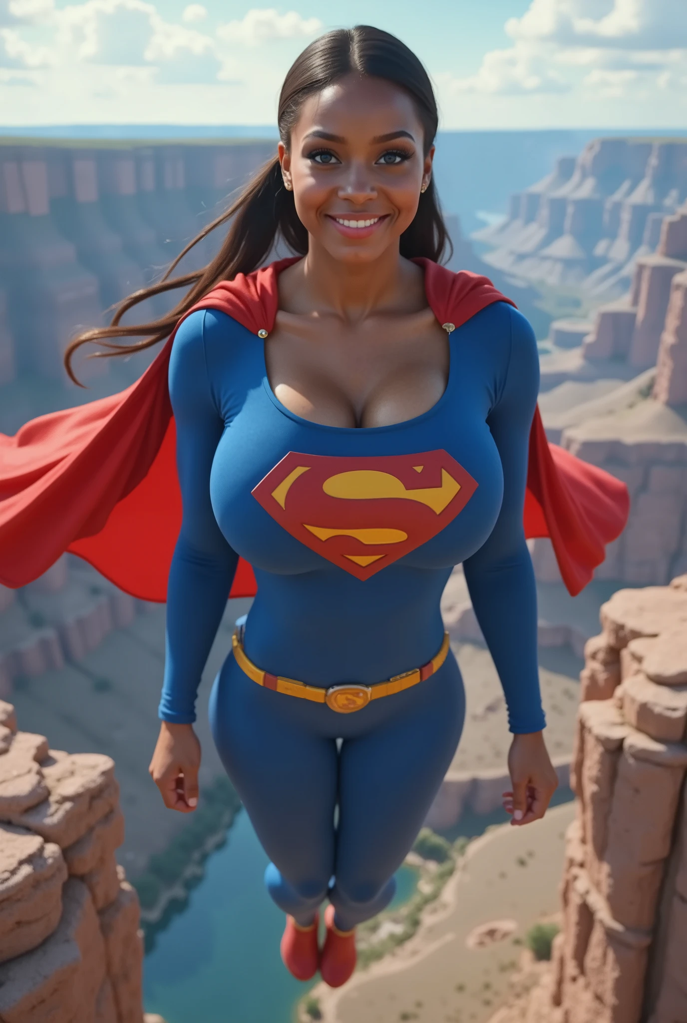 GRACEFULLY FLYING OVER THE GRAND CANYON.. A SEXY BLACK AFRICAN 19-YEAR-OLD FEMALE COSPLAYER WITH big BLUE EYES **"FULL ENTIE BODY STANDING POV OF A stunning, highly detailed, and ultra-realistic portrait of a SEXY BLUE EYED I GIRL, proudly wearing the iconic RETRO 1980 SUPERMAN costume. The vibrant royal blue bodysuit shimmers under the soft natural lighting, adorned with a bold, raised red and yellow 'S' emblem on her chest, signifying her legacy as Superman’s daughter. A flowing red cape BILLOWING behind her AS SHE FLYS, its silky texture catching the light, enhancing the depth of the image. Her long, jet-black hair is neatly pulled back into a sleek ponytail, revealing her striking blue eyes that radiate confidence and warmth. She has a bright, playful smile, showcasing her pearly white teeth, adding to her charismatic presence. Her skin appears flawless, glowing naturally, with soft highlights accentuating her features black hair, longeyelashes, solid circle eyes, 8k, super detail, best quality, highres, award winning, best quality, super detail, textured skin, UHD, retina
masterpiece, best quality, high quality, extremely detailed CG unity 8k wallpaper, scenery, outdoors, sky, cloud, day, no humans, mountain, landscape, water, tree, blue sky, waterfall, cliff, nature, lake, river, cloudy sky,award winning photography, Bokeh, Depth of Field, HDR, bloom, Chromatic Aberration ,Photorealistic,extremely detailed, trending on artstation, trending on CGsociety, Intricate, High Detail, dramatic, art by midjourney