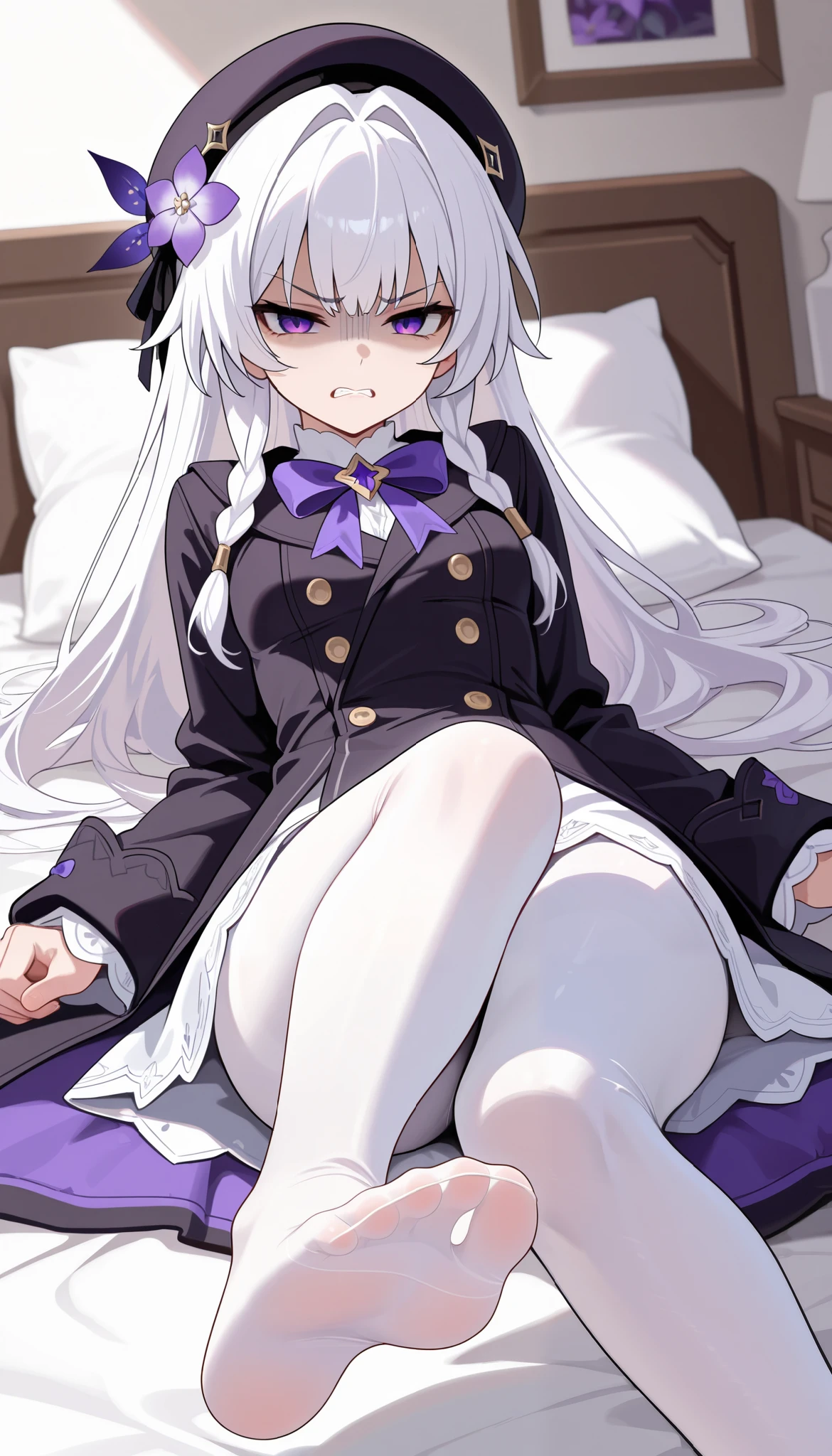 BREAK (masutepiece:1.2), Best Quality, High resolution, Unity 8k壁纸, (Beautiful detailed eyes:1.6), extra detailed face, Perfect Lighting, extremely details CG,女の子1人、独奏、Arisu、(Viewer's Perspective、cowboy shot:1)、(Light purple hair、White hair、Medium Hair) 、Arisu has、beret、Black beret、Black hat:1.2)、(Purple eyes、shining purple eyes:1.3)、(Arisu School、student clothes、Red Blazer、a red jacket、robe blanche 、White skirt、pleatedskirt、Blue bow tie、White Niso、garter strap、Absolute area:1.4)、Naughty big、large full breasts、(Perfect hands, Perfect Anatomy),Look at viewers、a bed、Bedroom、(Sleep on your back:1.3)、(white panties:1.3)、(Skirt that rolls up:1.3)、(Fully exposed panties:1.5)、Puzzled、red blush、(Pushed down on the bed:1.3)