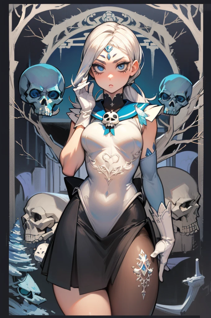 ((best quality)), ((official art)), ((masterpiece)), textile shading, ((ultra-detailed)), solo, full color, (1girl, solo, bssmsuperoutfit, circlet, white leotard,,blue sailor collar, sleeveless, heart brooch, miniskirt, white gloves, hairstyle, hairlength , detailed face, (full body:1.1)), (in nature) (best quality, highres, ice skull:1.1), ice skull, girl style, thick body art, detailed facial features, icy blue eyes, glossy lips, long eyelashes, porcelain skin, blue and silver color scheme, intricate skull design, realistic texture, vibrant colors, elaborate background, mysterious atmosphere, frozen garden, snow-covered trees, sparkling ice crystals, surreal lighting, fantasy elements
