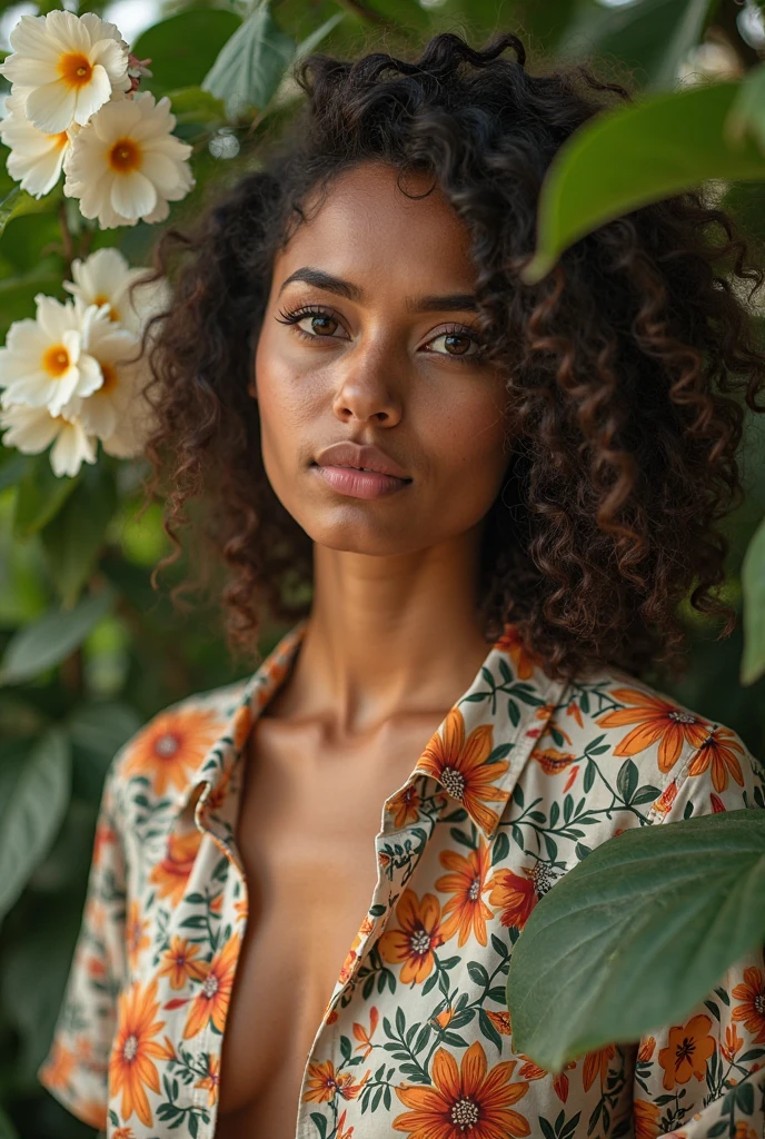 A Brazilian woman in a lush tropical garden, wearing an open shirt with a floral print, with a close-up capturing the harmonious beauty between her breasts and the natural flowers, showing off your natural charm and outgoing personality.