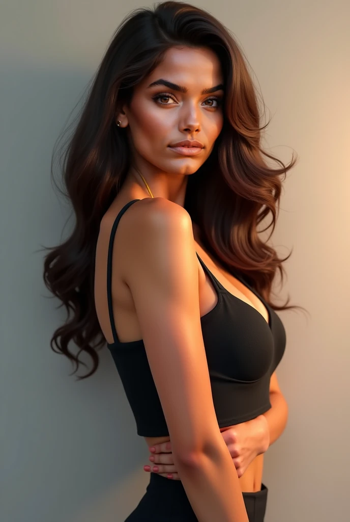 Face Young brunette woman of 19 years of Colombian Brazilian origin , Metis skin , green eyes, big fit ass, big breast, big buttock, soutien gorge couleur noir 
Lèvre grosse
Cheuveux couleur chatain 