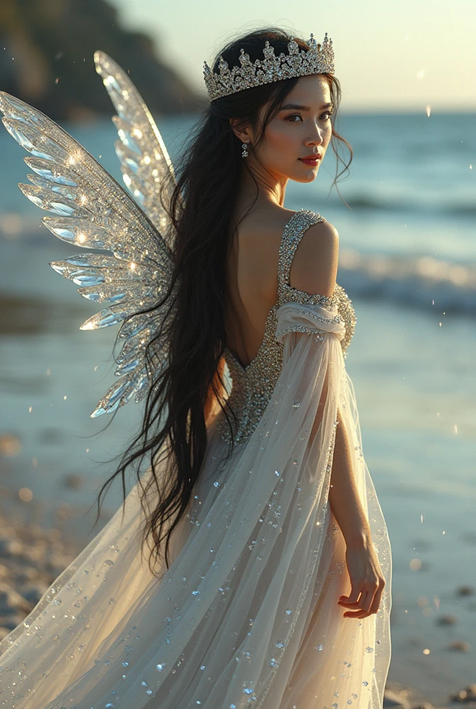 being thin、Photo of gorgeous 20-year-old Finnish fairy wearing (White flowing dress:1.2) And (Delicate fairy wings:1.2), Grinning, (looking in camera:1.1), (Sateen:1.1), On the beautiful seaside:,, masutepiece, Barefoot, (Natural lighting:0.8), 8K, ((Realistic)), F/1.1, , the woods、covering the navel、hiding breast、Hide legs、(Curvaceous)femele(flawless skin:1.11)And(teats:1.1)、A smile、full body Esbian、Beautiful standing figure、Sea Fairy、Beautiful summer sky