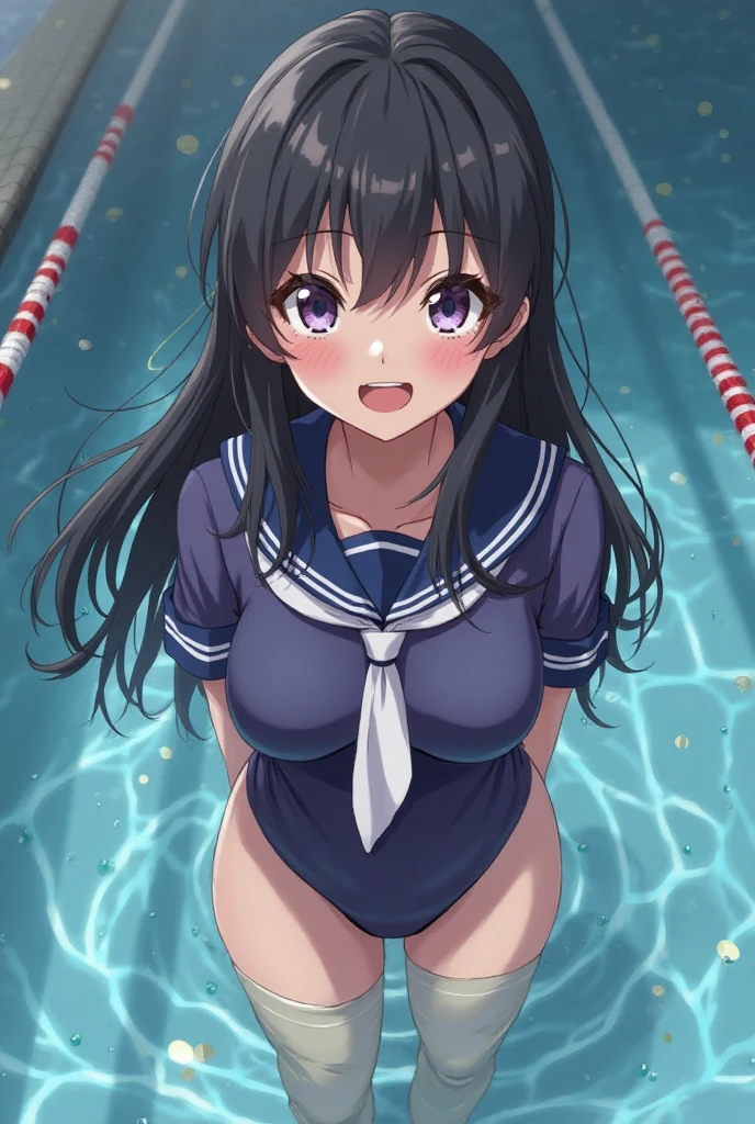 best quality, very aesthetic, Super detailed, best illustration, nsfw, pussy focus, 1girl, おっぱい, aroused, black_hair, school swim suit