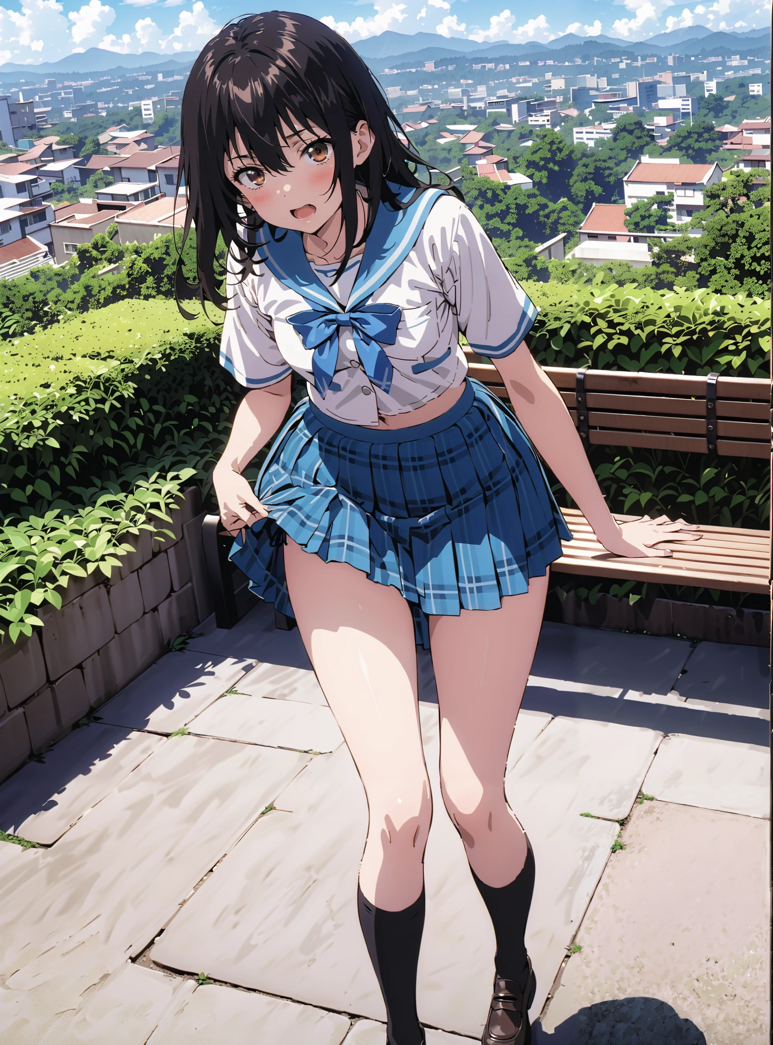 Yukina Himeragi,short hair, black hair, brown eyes, medium chest, mad at my anal,blush,is embarrassing,open your mouth,skirt, bow, school uniforms, pleated skirt, sailor suit, sailor color, blue skirt, plaid , blue bow, black high socks, is standing, bench,black string panties,Soft Breeze,skirtタグ , eyelashes skirt tug,skirt,lift of the wind ,Beautiful cityscape,open your mouth, angle from below,full bodyがイラストに入るように, break outdoors,garden,
break looking at viewer,full body,
break (masterpiece:1.2),highest quality , kampala, Unity 8K Wallpaper ,(shape:0.8),( fine, beautiful eyes :1.6),It's a person ,full body写真,CG Details , (perfect hands, complete anatomy),