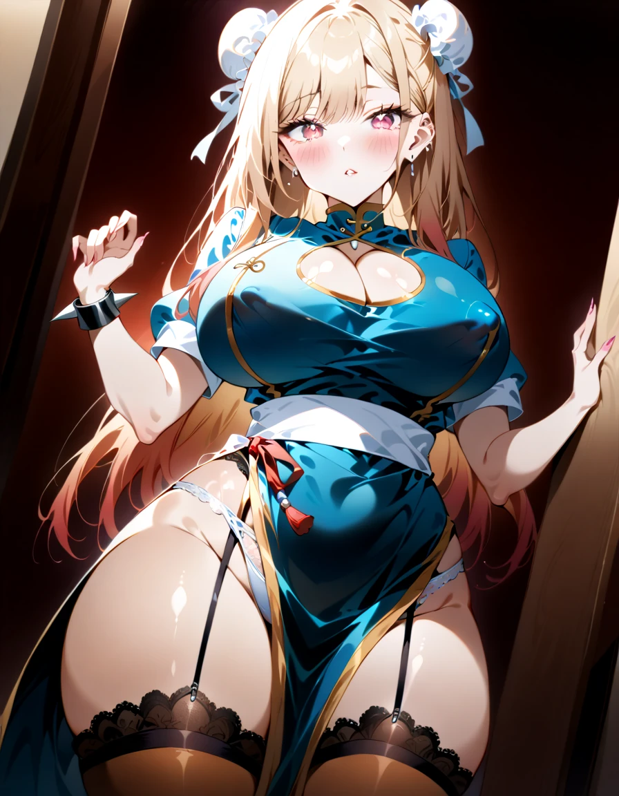 Blonde blue eyes big breasts girl standing with her hands tied breasts naked collar handcuffs anime illustration