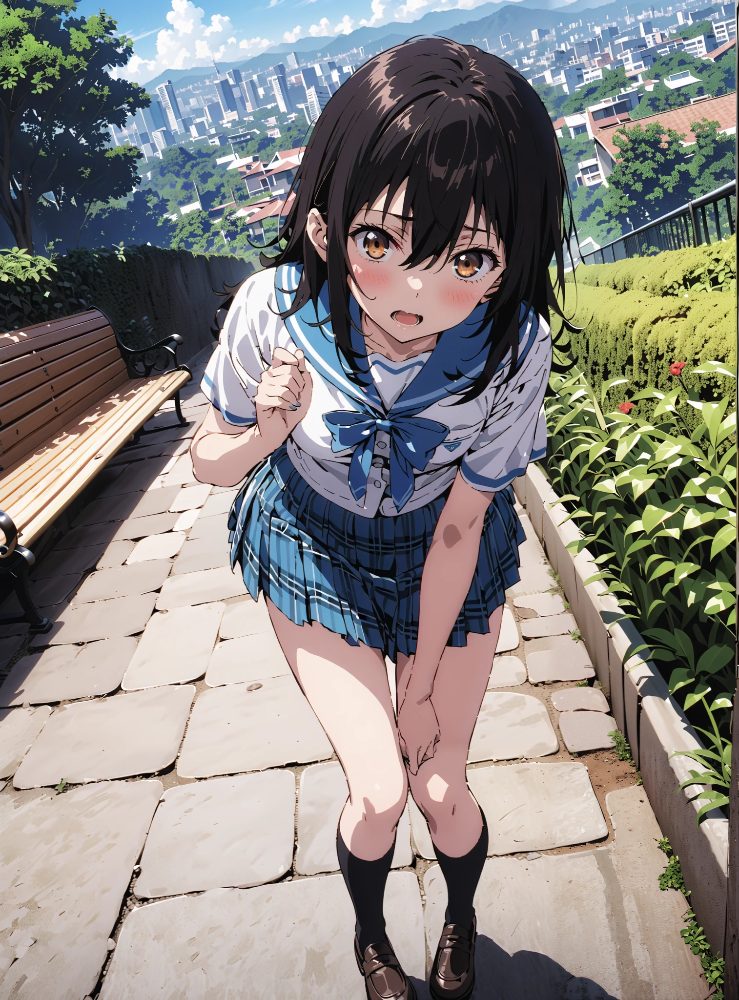 Yukina Himeragi,short hair, black hair, brown eyes, medium chest, mad at my anal,blush,is embarrassing,open your mouth,skirt, bow, school uniforms, pleated skirt, sailor suit, sailor color, blue skirt, plaid , blue bow, black high socks, is standing, bench,black string panties,Soft Breeze,skirtタグ , eyelashes skirt tug,skirt,lift of the wind ,Beautiful cityscape,open your mouth, angle from below,full bodyがイラストに入るように, break outdoors,garden,
break looking at viewer,full body,
break (masterpiece:1.2),highest quality , kampala, Unity 8K Wallpaper ,(shape:0.8),( fine, beautiful eyes :1.6),It's a person ,full body写真,CG Details , (perfect hands, complete anatomy),