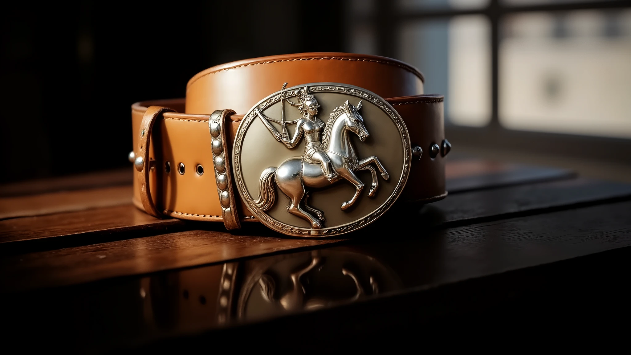 The leather belt of a Greek Amazon warrior, ancient, epic, mythological. The belt is hazelnut brown, wide, and adorned with bronze eyelets. It is decorated with bronze and gold horses. The belt is rolled up and placed on a dark wooden table. A light shines on the buckle, revealing its brilliance. On the buckle, there is a Greek Amazon with the helmet of Ares, holding a spear and riding a horse. The scene captures the mystique and grandeur of ancient Greek mythology.