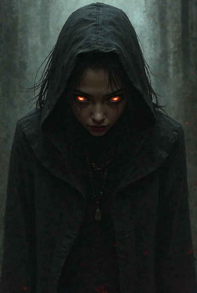 girl assassin in hood and cloak, holding a knife, serious face, eyes glowing, realistic style, upper body, dark sky blood moon background