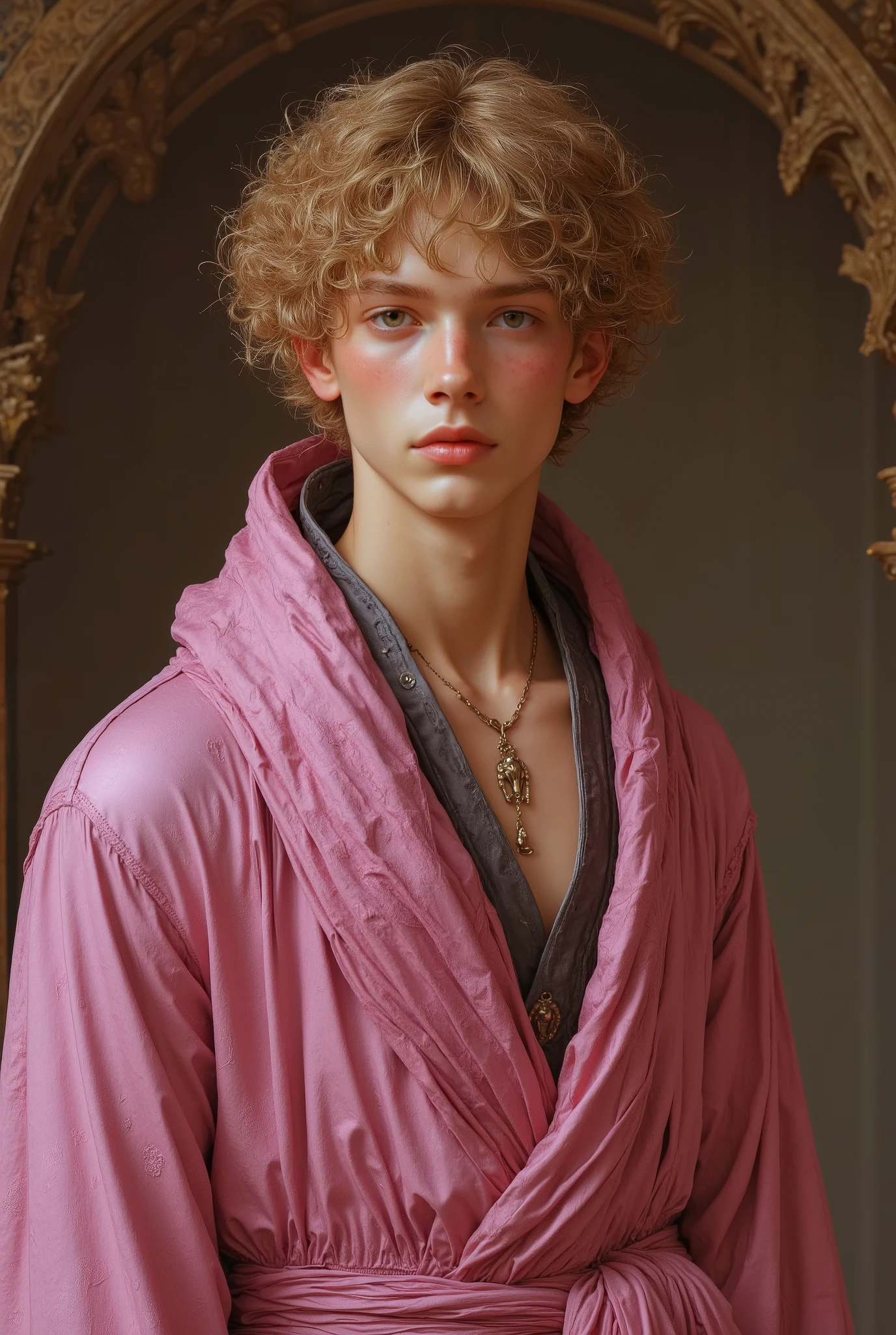 rince charming, 23 year old male supermodel, attractive and exotic, short curly blonde hair, a masculine appearance with slender smooth body, delicate and symmetrical face, natural olive skin tone, inspired by John William Waterhouse's The Lady of Shalott, pose in a graceful contrapposto stance. wearing rich pink wizards robe