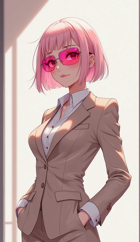 detailed woman in a suit, short pink hair, green eyes, cleavage
