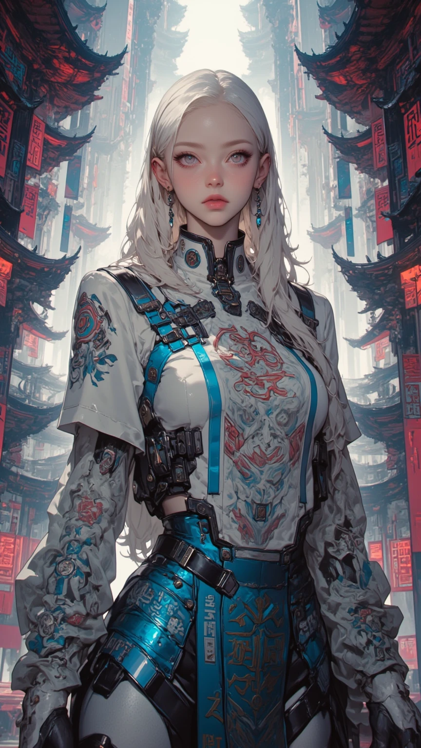 1monk warrior girl with white techwear clothes, white long hair, laces, abstract vintage scifi background, art by Moebius, art by Ashley Wood