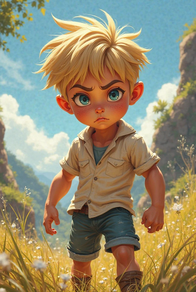 Barbarian boy, loincloth, sun kissed skin, blonde hair, blue eyes, freckles