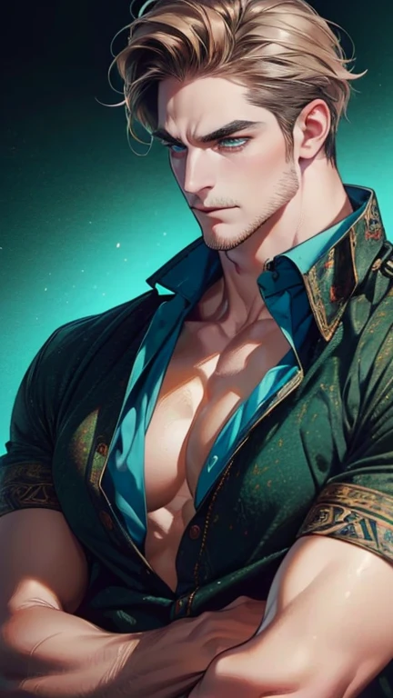 a muscular handsome man, large breast, detailed face, perfect facial features, smooth skin, sexy expression, green hair, short hairstyle, looking at the viewers romantically, sexy gaze, large bare chest, emerald green velvet jacket, shirtless, black pants, heart design tattooed chest,