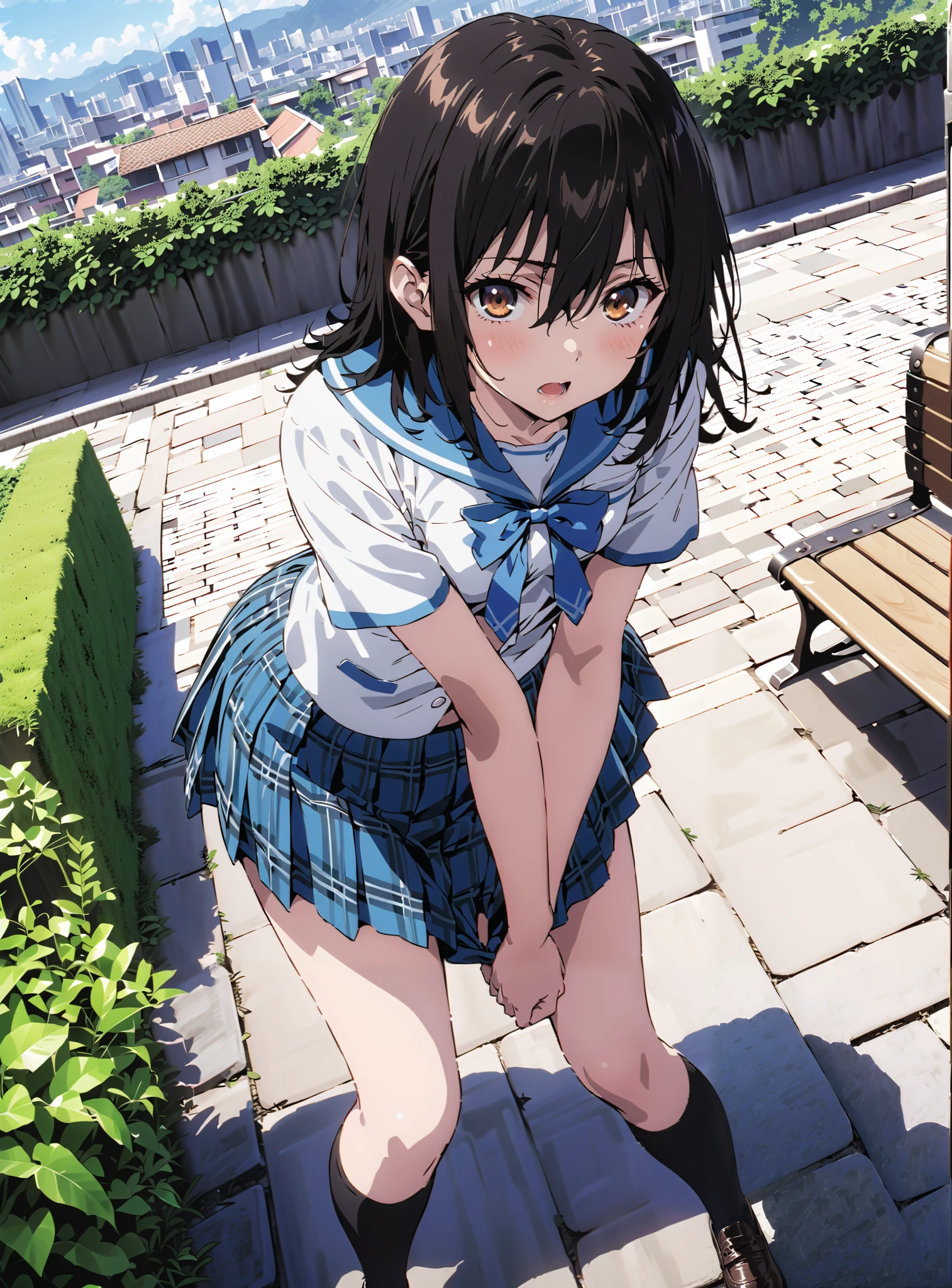 Yukina Himeragi,short hair,   black hair, brown eyes, medium chest, mad at my anal,is embarrassing,open your mouth,skirt, bow, school uniforms, pleated skirt, sailor suit, sailor color, blue skirt,  plaid , blue bow, black high socks, is standing, bench,black string panties,Soft Breeze,skirtタグ , eyelashes skirt tug,skirt,lift of the wind ,Beautiful cityscape,open your mouth, angle from below,full bodyがイラストに入るように,                                                                    break outdoors,garden,
break looking at viewer,full body,
break (masterpiece:1.2),highest quality , kampala, Unity 8K Wallpaper ,(shape:0.8),(  fine, beautiful eyes  :1.6),It's a person ,full body写真,CG Details , (perfect hands, complete anatomy),