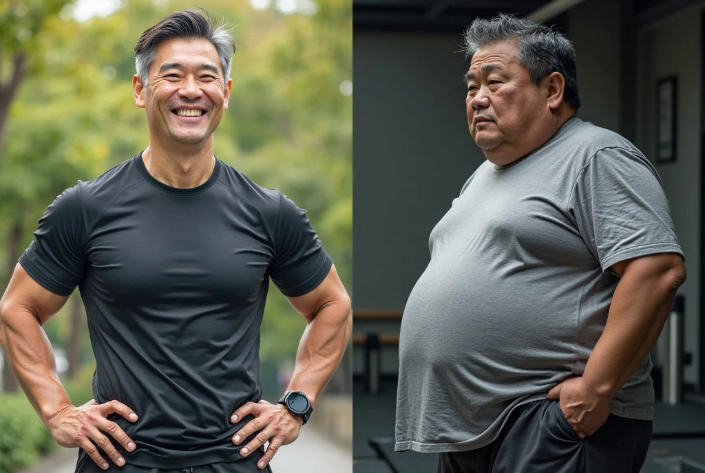 fat asian guy in the gym, eating keto food, he saw the mirror, in the mirror he saw the future of himself slim and healthy, keto food, detox juice, the food is in the brown paper box