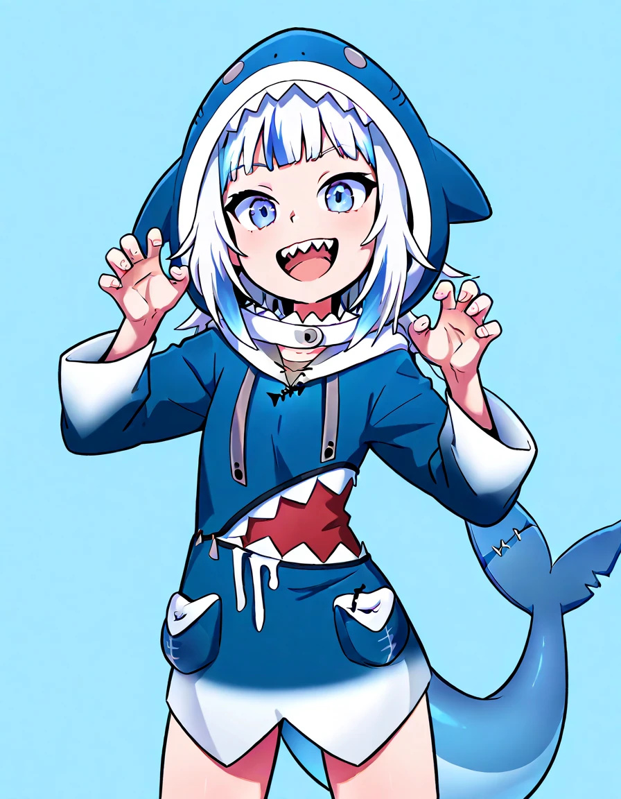 masterpiece, best quality, anime, highly detailed eyes, highly detailed face, perfect lighting, cowboy shot, 1 girl, solo,white hair, gawr gura,shark hoodie,(sitting:1.2),blush,open mouth,shark teeth, fast food store background, close up, smiling to camera, cheeky, brat, <lora:allVtubersLora_hll31:1> <lora:murataYuusuke1484it.dC02:1>