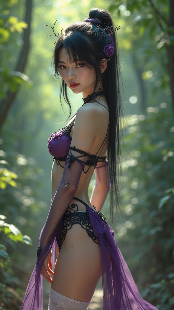 a sexy Thai model with colorful short hair, shiny sparkling dark magic forest background, sparkling poisoned enchanted flower costume, fishnet tights, skull hair accessories, controls poison, secret poison, (best quality,4k,8k,highres,masterpiece:1.2),ultra-detailed,(realistic,photorealistic,photo-realistic:1.37),vibrant colors,dramatic lighting,cinematic,hyper detailed,intricate details,fantasy art,digital painting