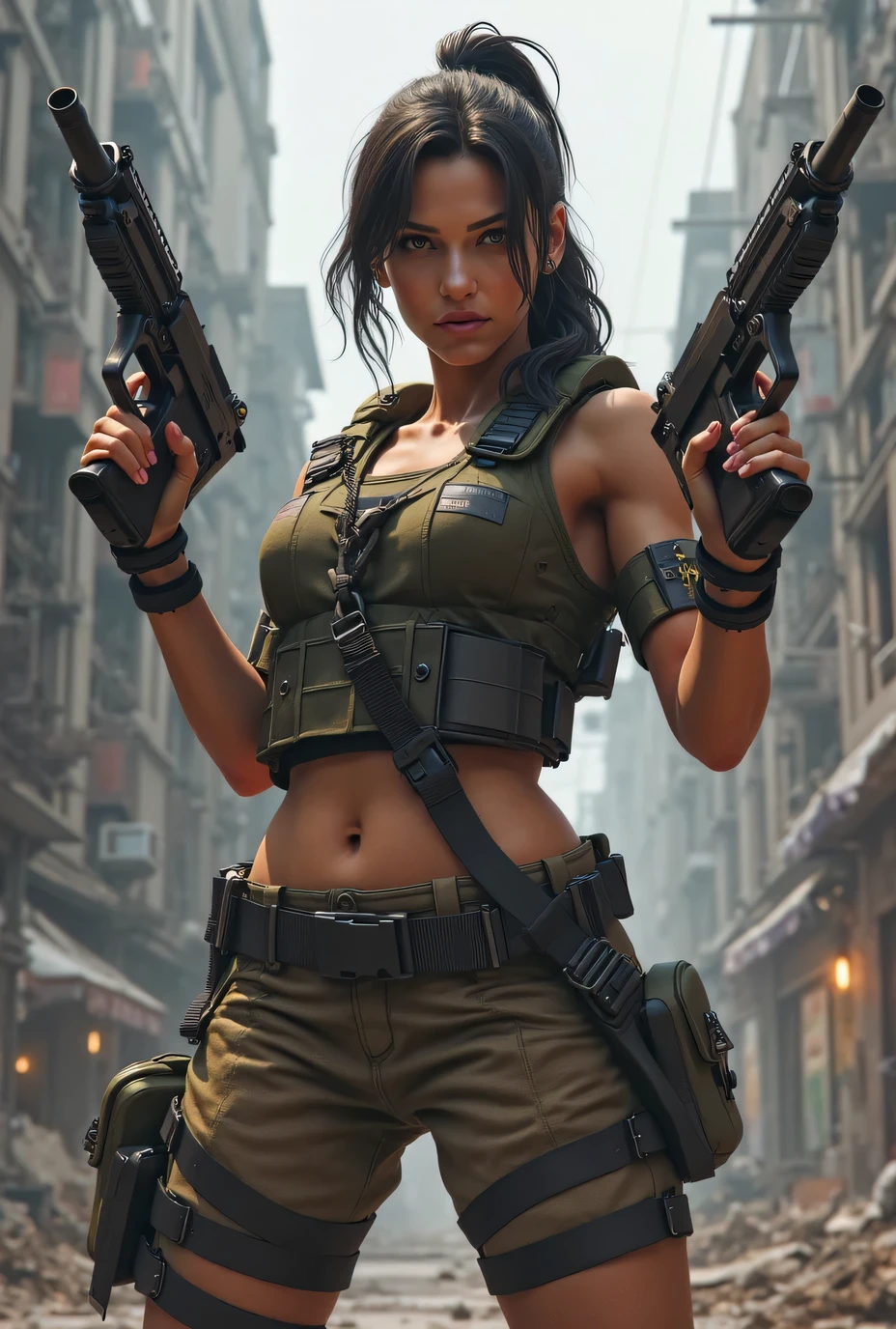 octane render, hdr, (hyperdetailed:1.3), (frontal soft light, sharp:1.2), Beautiful (Lara Croft:1) in a street, detailed face, perfect body, cinematography, maximum details, neutral colors, hdr, soft cinematic light, insane details, ((realistic filter)), (look at camera), (perfect legs), (perfect breast),random view, (regular hip), ((pull up thonga)), Tacticool, (vest:1.2), military, (cleavage)