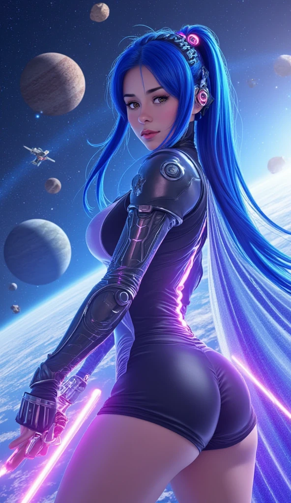Close up of a woman in a blue suit pointing at a space, Robot 18, 4K Fine Digital Art, 4k detailed digital art, Official artwork with high detail, deviantart art station cgscosiety, saiyan girl, Artgerm Julie Bell Beeple, HD artwork, galaxy queen, epic digital art illustration