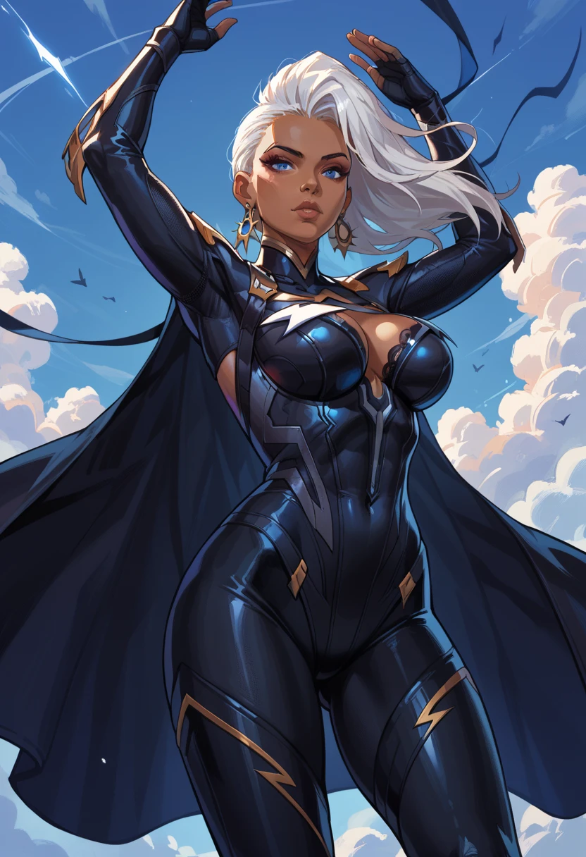best quality, 1girl, mature woman, ((((tall)))) ((dark skin)), (small breasts), chubby, (muscular legs), long ((curly)) white hair with bangs, Storm, also known as Ororo Munroe, Marvel character, exposed shoulder (floating in the air), huge lips, eyelashes, blue eyes, gloves, angry, (simple background), close up