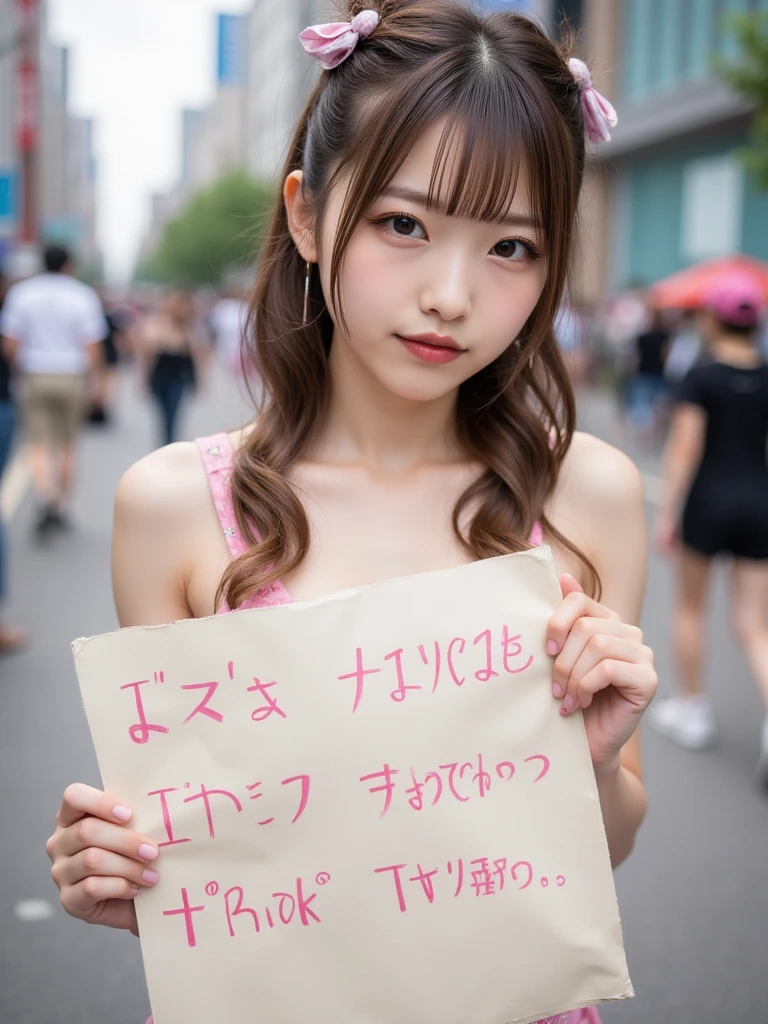 A Japanese person holding a placard that says "Start here"、Round Girl、Healthy Skin