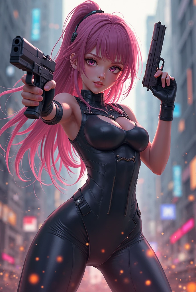 Female Cyborg sniper, NSFW,A MILF,erotic posing,Sexy Posing,fantrome,Hentai,inspired by Takashi Murakami,kawaii,Stylish,cunt,Cameltoe,busty,A MILF,Pubic hair,Glamour,Pink tones,Psychedelic Costume,Leather,Cyberpunk dystopian girl,Fantastic Dystopia,Dystopian landscape,bladerunner,Ghost in the Shell,Photorealistic,Psychedelic and colorful tones,Posing,Armed,guns,arma,masutepiece,ultimate detailed,8K,Detailed background,Photorealistic,Ultra High Resolution,masutepiece,Best Quality,Photorealistic,Realistic