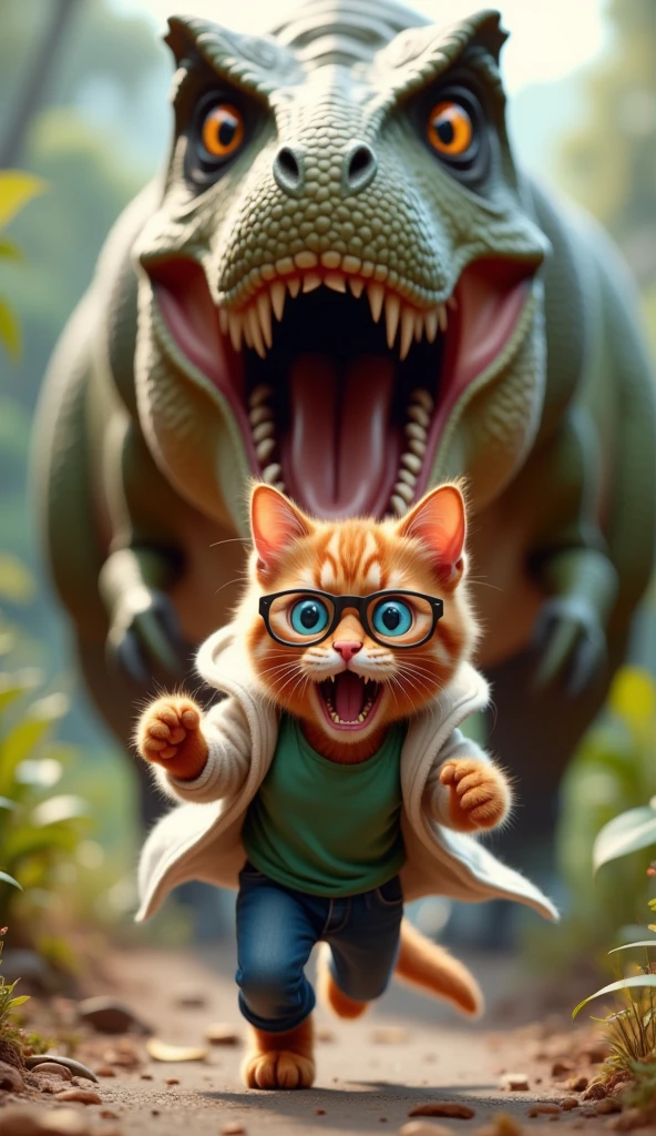 Red anthropomorphic kitten with big, frightened, blue eyes and open mouth, wearing round safety glasses, green T-shirt, blue jeans and white coat runs away from a huge tyrannosaurus with powerful muscles, green-brown scales, yellow eyes and sharp teeth in open mouth. The focus is on the very frightened face of a kitten with its paws up and the open mouth of the tyrannosaurus. Cinematic style, detailed illustration, photo quality very high.