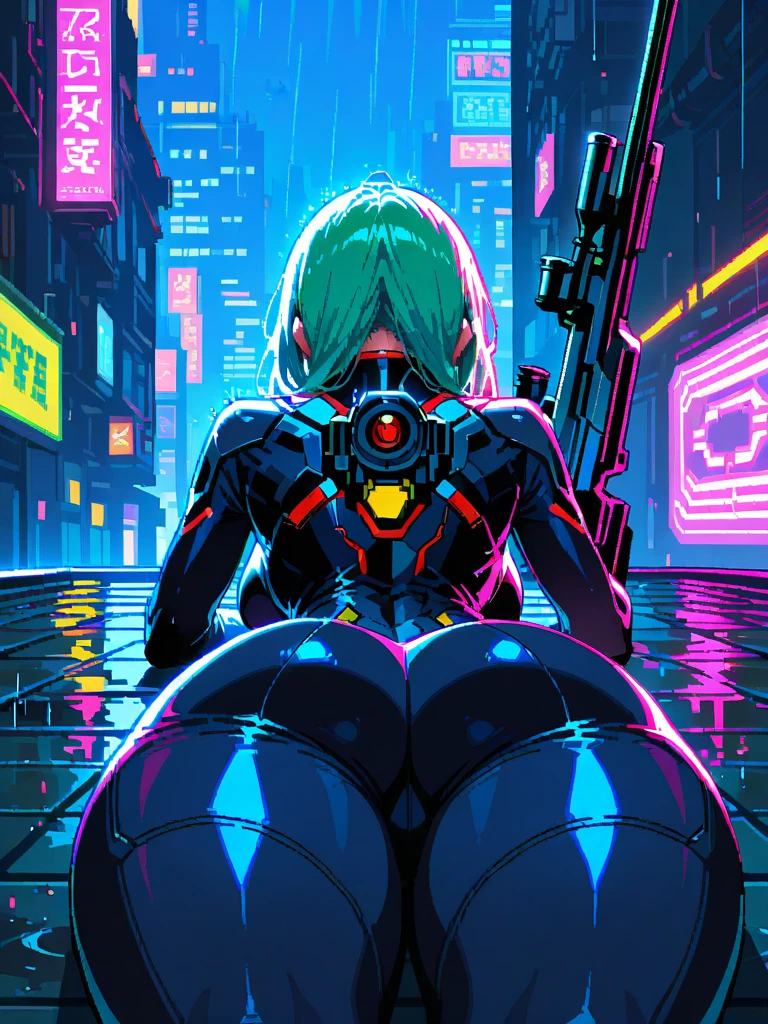 high resolution, Masterpiece artwork, best qualityer, 1 girl, Many tattoos, lying down, futuristic clothing, neon cyberpunk style, in the background cyberpunk city at night, finely detailed skin, Breasts huge, very muscular legs