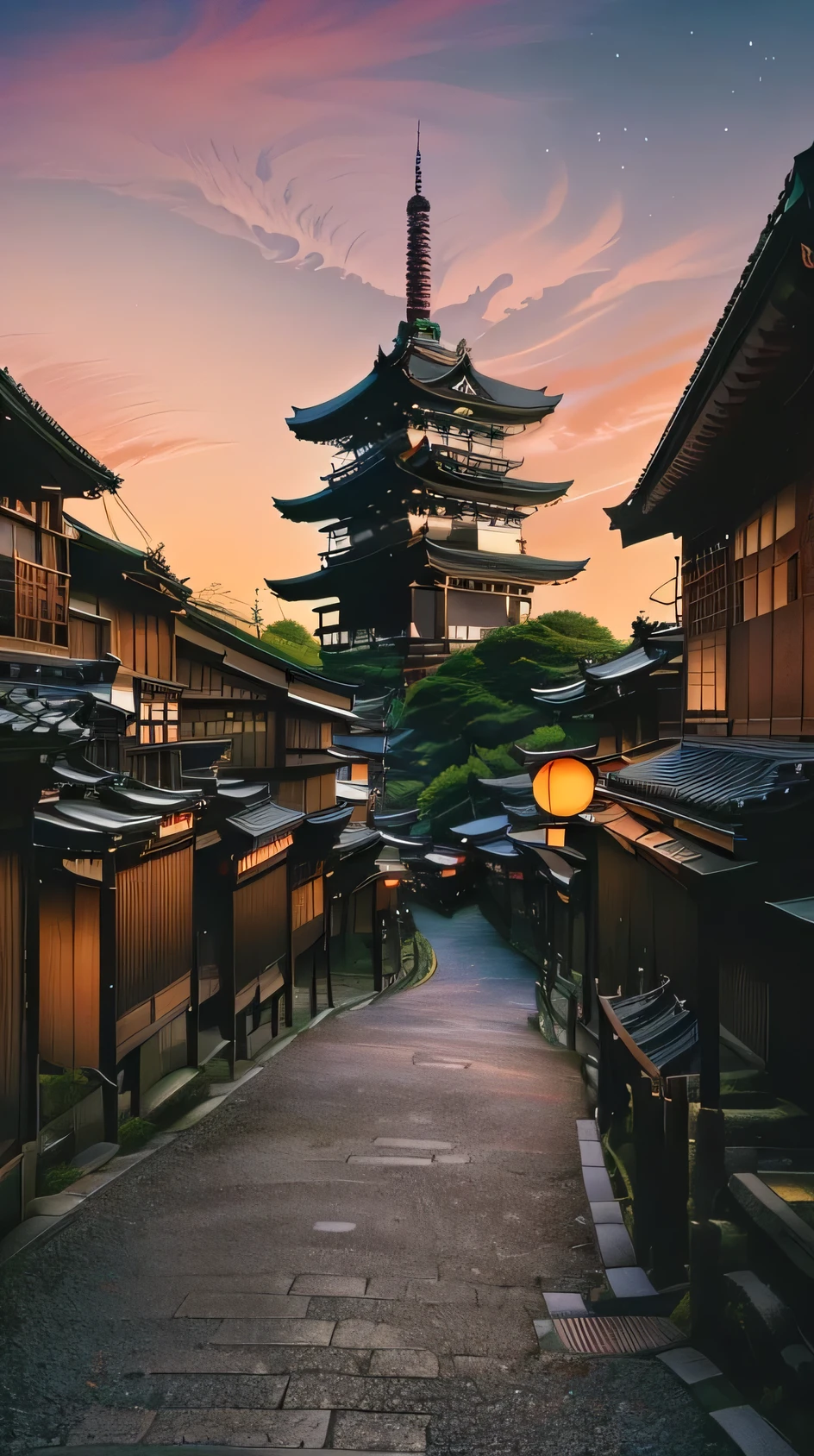 a view of a street with a pagoda in the background, japan travel aesthetic, japanese city, kyoto japan setting, kyoto inspired, japanese town, edo japan, japanese street, ancient japanese architecture, japanese temples, kyoto, japanese architecture, japanese village, japan sightseeing, japanese temple, japanese heritage, japanese city at night, japan deeper travel exploration, japan travel and tourism