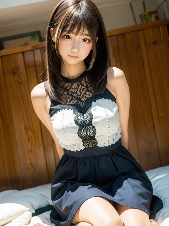(masterpiece, Highest quality, 8K, High resolution),(Realistic skin texture, Perfect Face, Realistic, Perfect hands, Perfect finger count, Japanese, Girl), (13 years old), Big Eyes, Brown eyes, Light brown hair, bangs, Twin tails, Small face, Smile, (Black lace frill dress, Big saggy boobs, Thong, garter belt)), grassland, Standing pose, Raise your arms, deer, Hair blowing in the wind