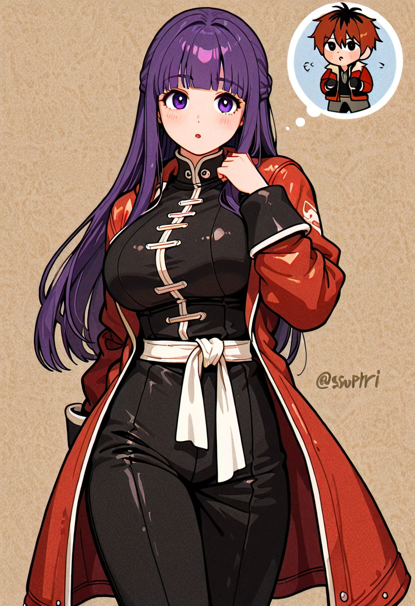 ( fantasy world:1.4), fern, female 1, purple hair , long hair, is embarrassing, Big Breasts, (Stark Outfit, Black tai chi boxing suit, Cotton texture:1.2), The red long jacket, white cloth belt, Stark Outfit装をしたfern, 最high quality, Ultra High Resolution, masterpiece, accurate anatomy, very detailed, high quality, 最high quality, 8k,