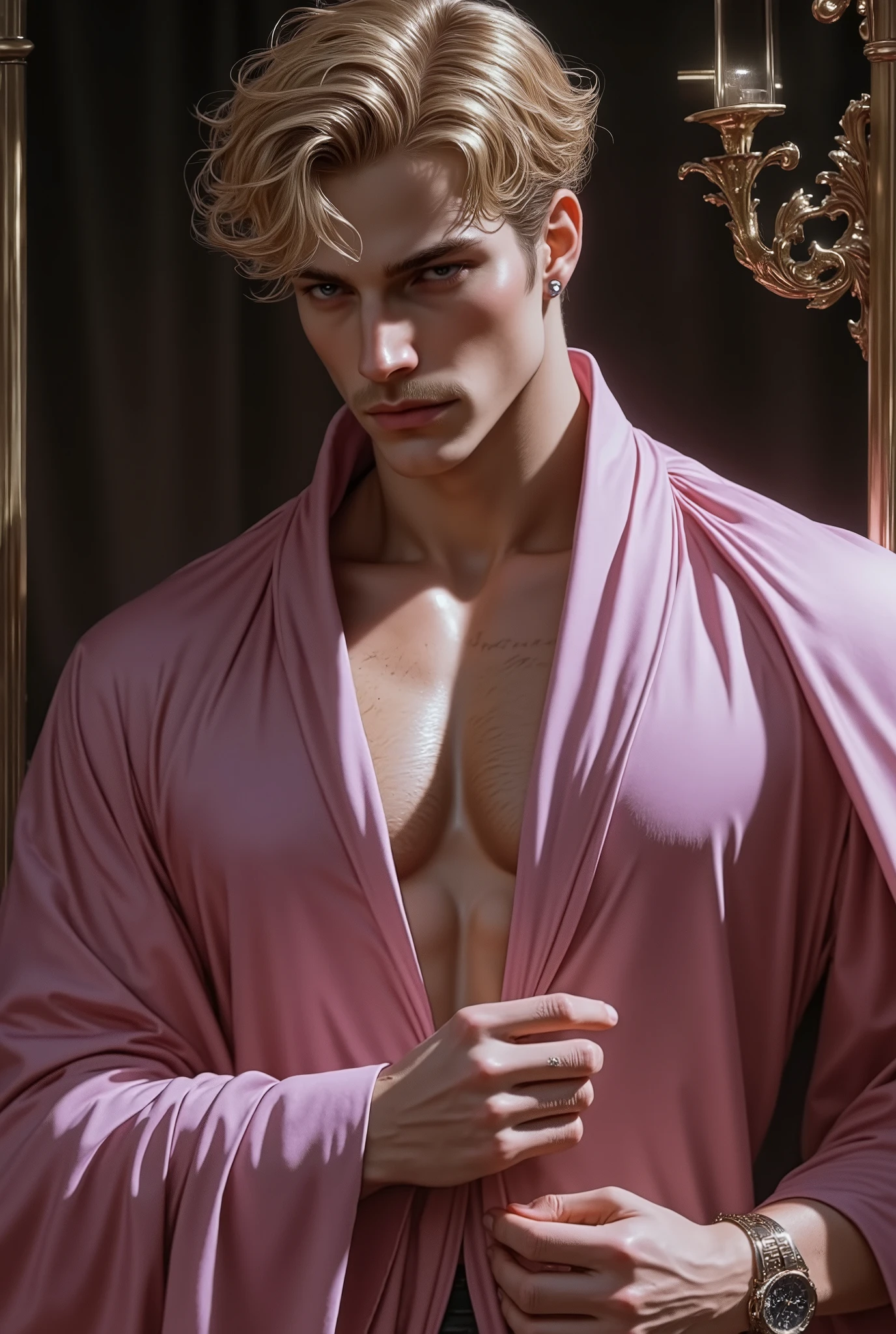 Effeminate boy with a virginal body, short pink hair, excessively revealing short kimono dress, winking with a seductive face and making provocative gestures. You notice a very large lump under your underwear in the genital area